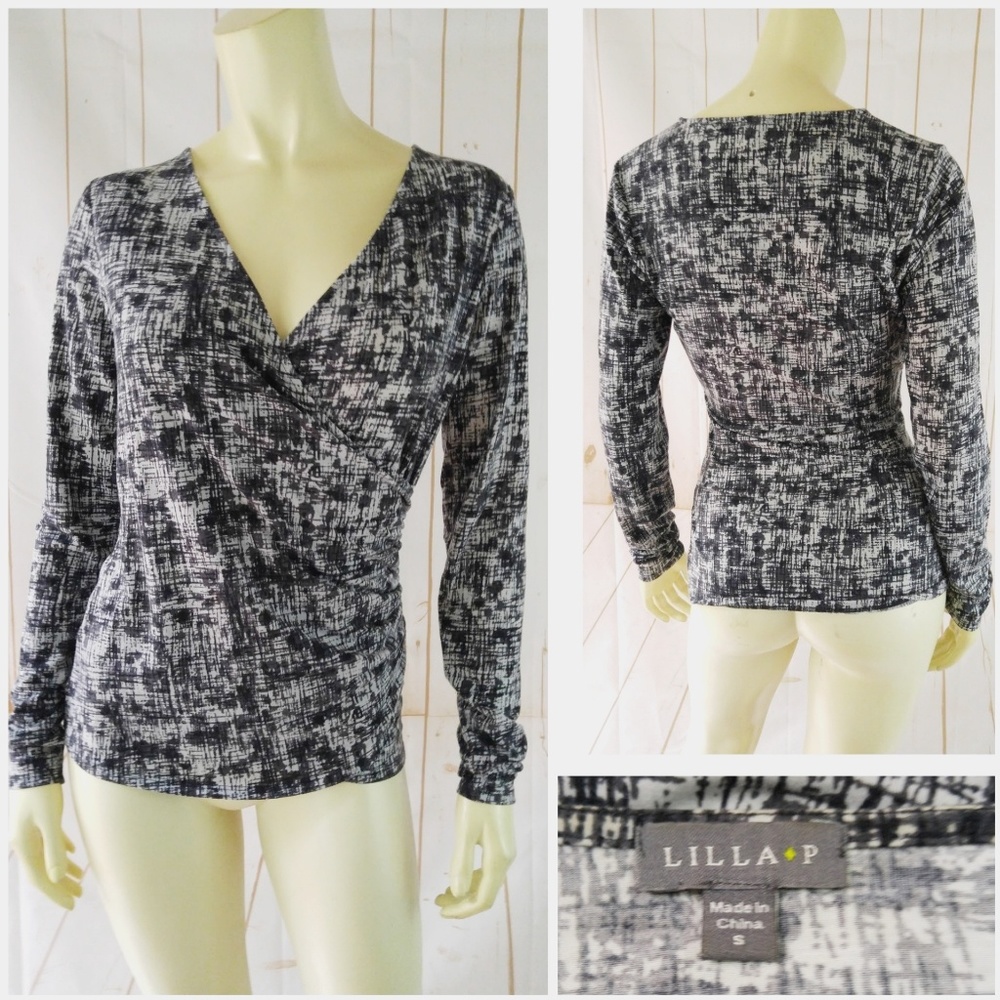 Lilla P Top S Poly Spandex Pullover Faux Wrap Knit